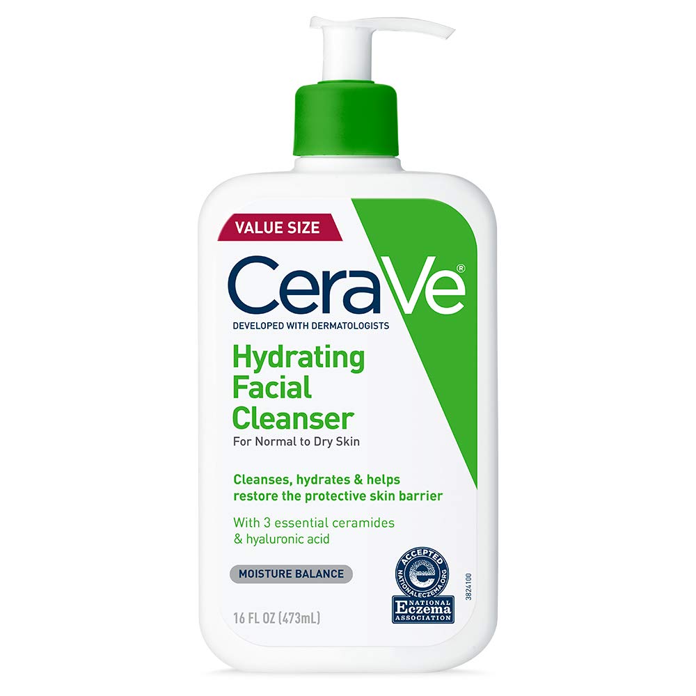 CeraVe Hydrating Facial Cleanser for Dry & Sensitive Skin, Moisturizing Face Wash with Hyaluronic Acid, Ceramides & Glycerin, Normal to Dry Skin, National Eczema Association Certified