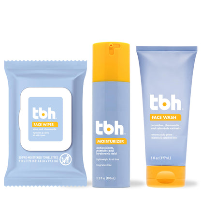 TBH Kids & Teen Skincare Set – Gentle Face Wash, Hydrating Face Wipes & Oil-Free Moisturizer for Tweens & Teens – Vitamin C, Hyaluronic Acid & Chamomile – Clean Beauty, Sulfate-Free, Sensitive & Acne-Prone Skin – 3-Pack