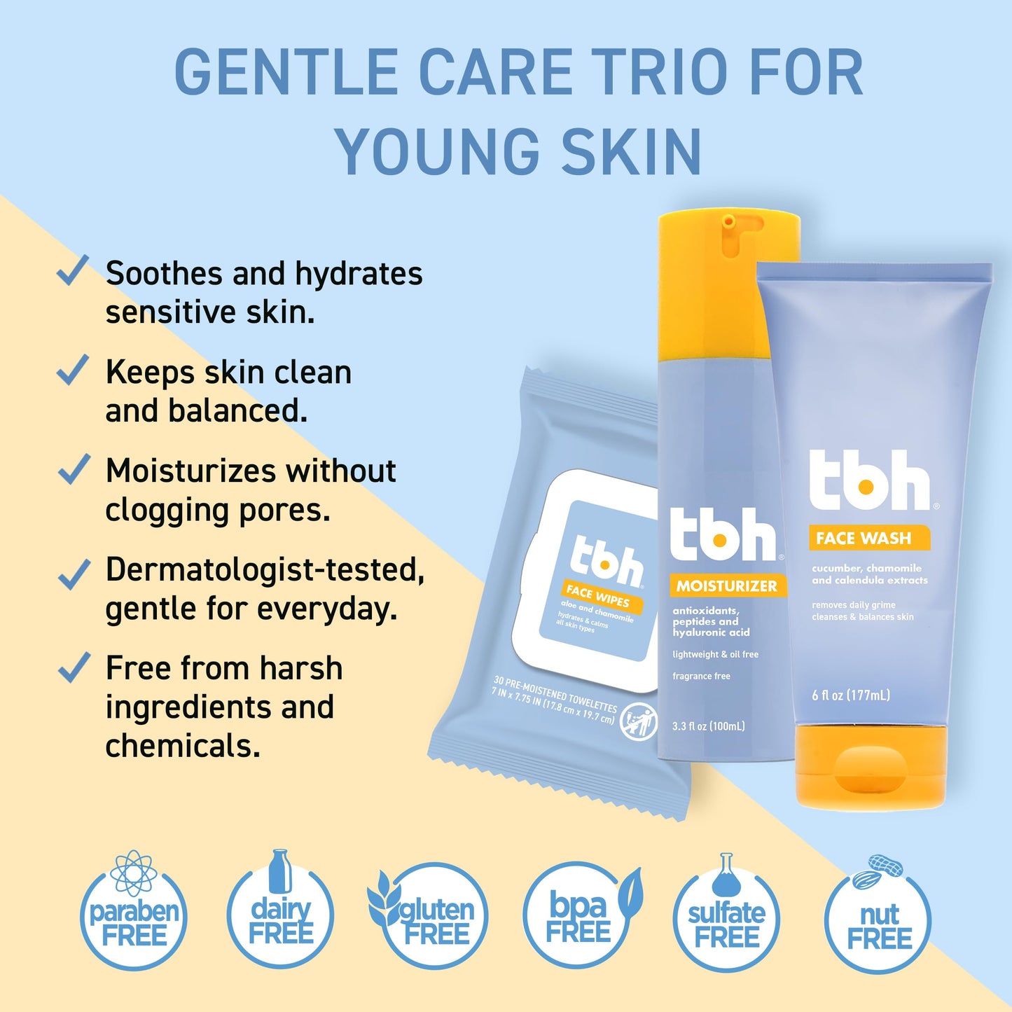 TBH Kids & Teen Skincare Set – Gentle Face Wash, Hydrating Face Wipes & Oil-Free Moisturizer for Tweens & Teens – Vitamin C, Hyaluronic Acid & Chamomile – Clean Beauty, Sulfate-Free, Sensitive & Acne-Prone Skin – 3-Pack