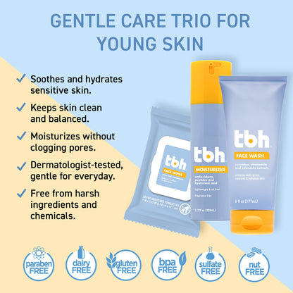 TBH Kids & Teen Skincare Set – Gentle Face Wash, Hydrating Face Wipes & Oil-Free Moisturizer for Tweens & Teens – Vitamin C, Hyaluronic Acid & Chamomile – Clean Beauty, Sulfate-Free, Sensitive & Acne-Prone Skin – 3-Pack
