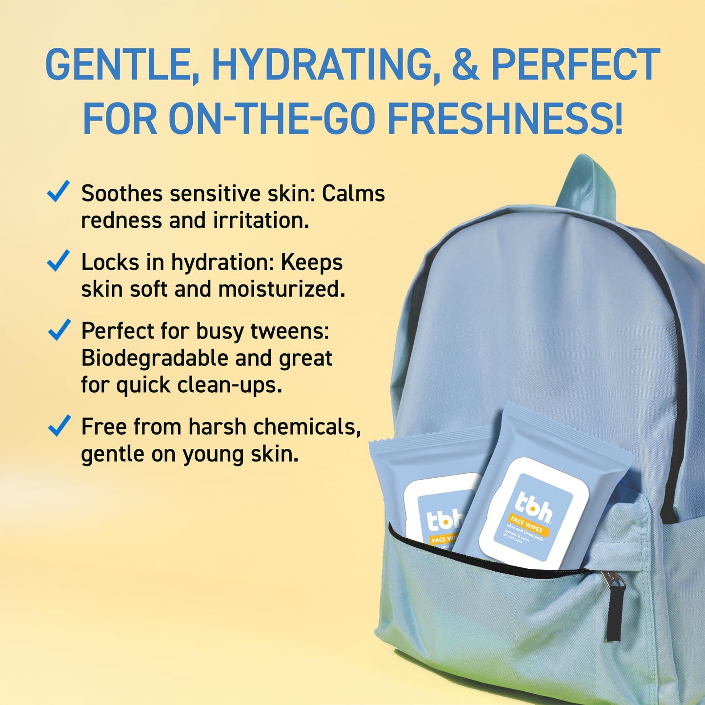 TBH Kids Gentle Facial Wipes – Daily Cleansing & Hydrating Face Wipes for Preteens & Teens, Sensitive & Acne-Prone Skin – Chamomile & Calendula – Clean Beauty, Dermatologist Tested, Sulfate & Paraben-Free – 30 Ct (2 Pack)