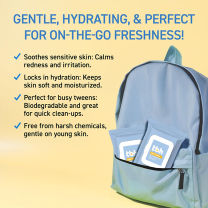 TBH Kids Gentle Facial Wipes – Daily Cleansing & Hydrating Face Wipes for Preteens & Teens, Sensitive & Acne-Prone Skin – Chamomile & Calendula – Clean Beauty, Dermatologist Tested, Sulfate & Paraben-Free – 30 Ct (2 Pack)