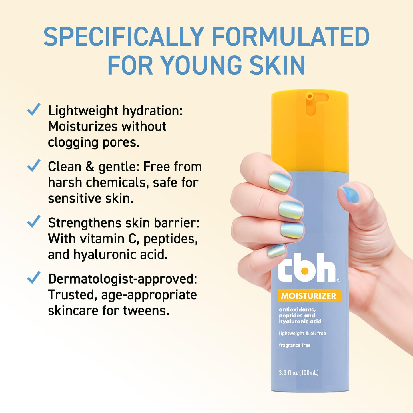 TBH Kids Oil-Free Face Moisturizer for Tweens & Teens – Lightweight Hydrating Moisturizer for Sensitive & Acne-Prone Skin – Vitamin C, Peptides & Hyaluronic Acid – Clean Beauty, Sulfate & Paraben-Free – 3.3 oz
