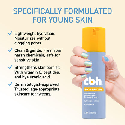 TBH Kids Oil-Free Face Moisturizer for Tweens & Teens – Lightweight Hydrating Moisturizer for Sensitive & Acne-Prone Skin – Vitamin C, Peptides & Hyaluronic Acid – Clean Beauty, Sulfate & Paraben-Free – 3.3 oz
