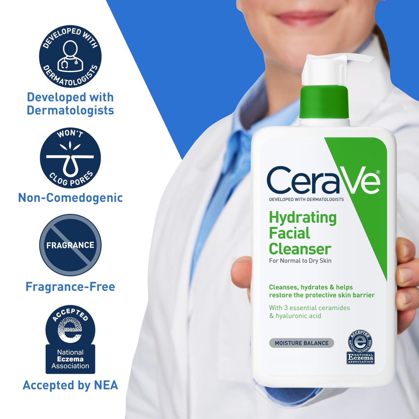 CeraVe Hydrating Facial Cleanser for Dry & Sensitive Skin, Moisturizing Face Wash with Hyaluronic Acid, Ceramides & Glycerin, Normal to Dry Skin, National Eczema Association Certified