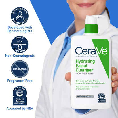 CeraVe Hydrating Facial Cleanser for Dry & Sensitive Skin, Moisturizing Face Wash with Hyaluronic Acid, Ceramides & Glycerin, Normal to Dry Skin, National Eczema Association Certified