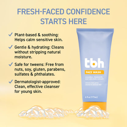 TBH Kids Gentle Gel Face Wash – Hydrating Facial Cleanser for Tweens & Teens, Sensitive, Dry & Oily Skin – Chamomile & Calendula – Clean, Non-Toxic, Sulfate & Paraben-Free – 6 oz