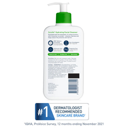 CeraVe Hydrating Facial Cleanser for Dry & Sensitive Skin, Moisturizing Face Wash with Hyaluronic Acid, Ceramides & Glycerin, Normal to Dry Skin, National Eczema Association Certified